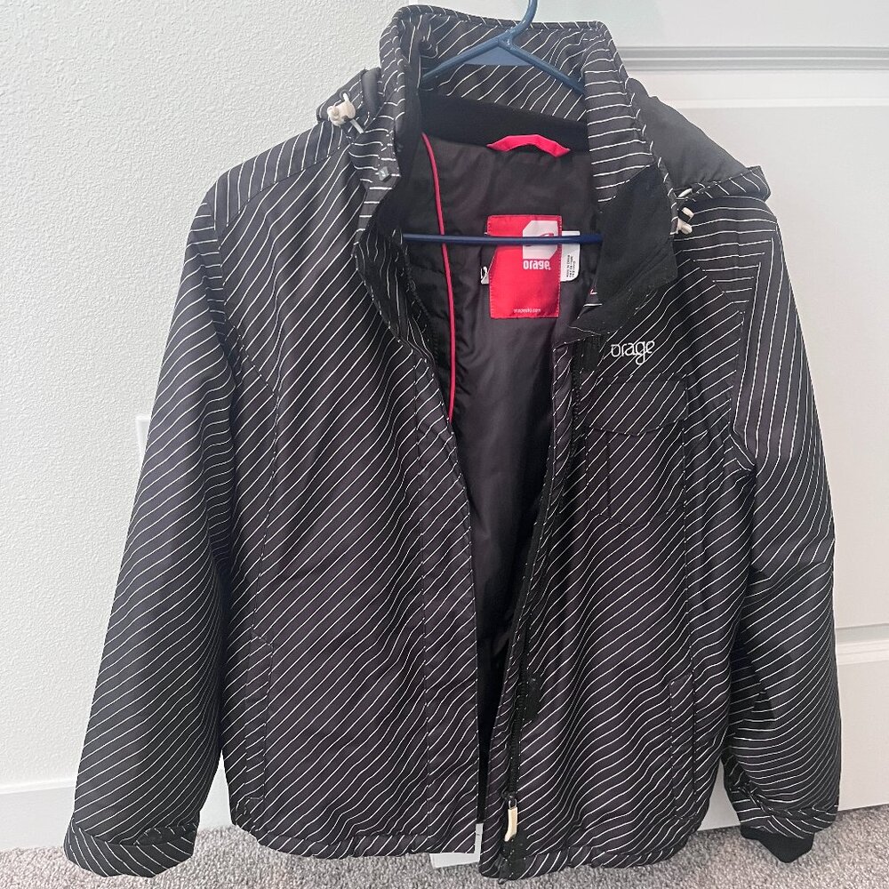 Orage Black Pinstripe Snowboard Jacket w/ Hood – Insulated – Women’s M